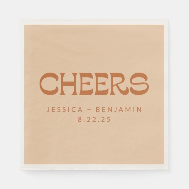 Cheers Groovy Terracotta Sand Custom Names Wedding Napkin (Front)