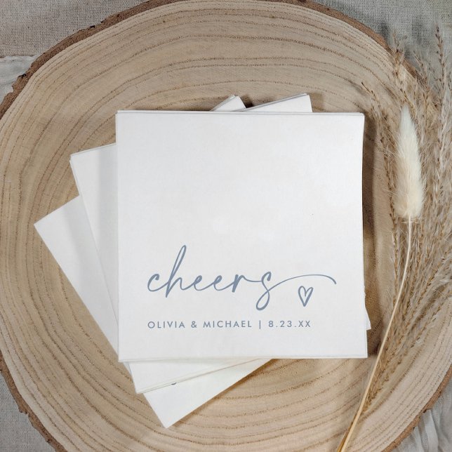 Cheers Handwriting & Heart Dusty Blue Wedding Napkin (Dusty blue “cheers” wedding napkins with handwritten script, heart accent, and simple modern style.)