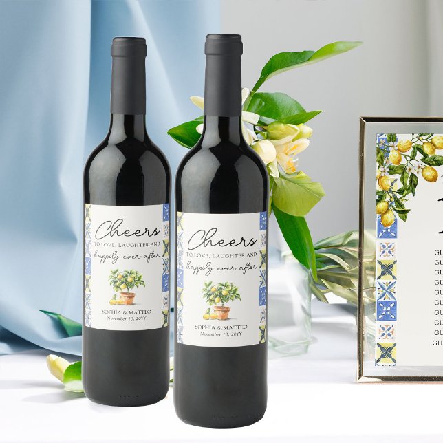 Cheers Happily Ever After Lemon Grove Wedding Wine Label (Wine bottle labels from the Lemon Grove Wedding Collection by Darling & May)