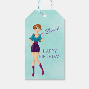 Cheers! happy Birthday Party Girl Holding Cocktail Gift Tags