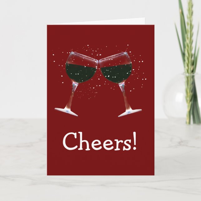 Cheers! Happy Holidays Wine Glasses and Snow Holiday Card (Front)
