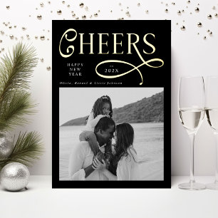 Cheers  Happy New Year Modern Chic Family 2 Photo Foil Holiday Card