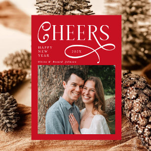 Cheers Happy New Year Modern Chic Red 2 Photo Holiday Card