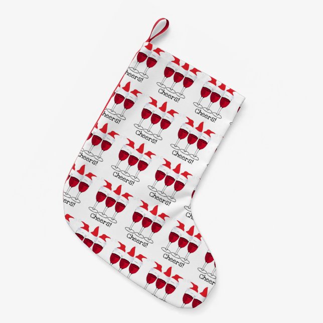 "Cheers" Holiday Party Red Wine Print Small Christmas Stocking (Front (Hanging))