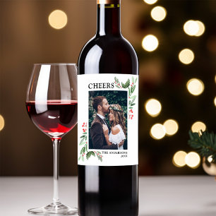 CHEERS Holly Berry Christmas Holiday Photo Wine Label