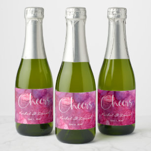Cheers Hot Pink Painted Watercolor Background Mini Sparkling Wine Label