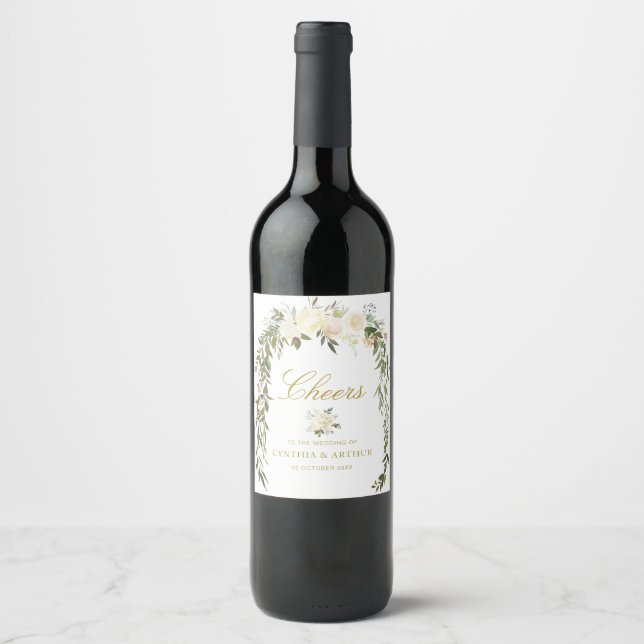 CHEERS | Ivory floral wedding Wine Label (Front)