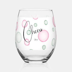 Cheers Lively Fun Pink and Green Bubbles Stemless Wine Glass