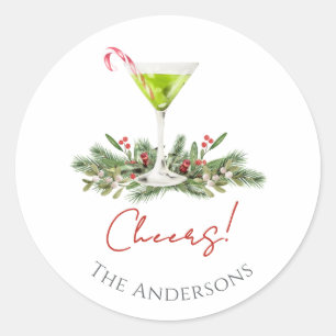 Cheers Martini and Mistletoe Candy Cane Cocktail Classic Round Sticker