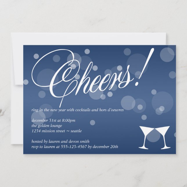 Cheers martini blue dazzle bubble celebration invitation (Front)