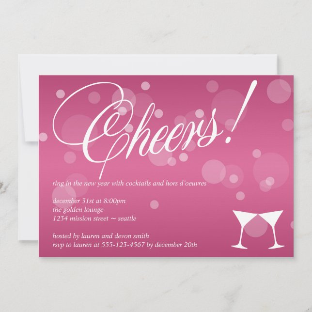 Cheers martini pink dazzle bubble celebration invitation (Front)