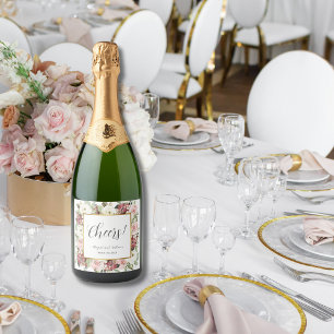 Cheers Mauve Pink Florals Gold Frame Wedding Sparkling Wine Label