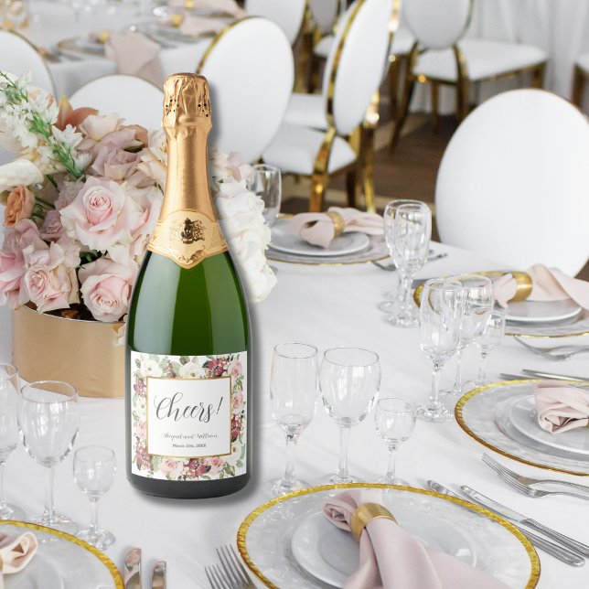 Cheers Mauve Pink Florals Gold Frame Wedding Sparkling Wine Label (Creator Uploaded)