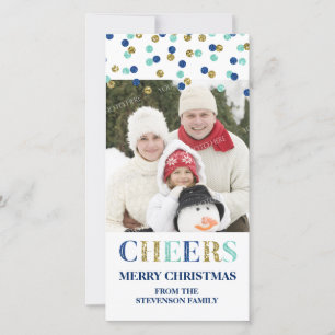 Cheers Merry Christmas Gold Blue Confetti Photo Holiday Card