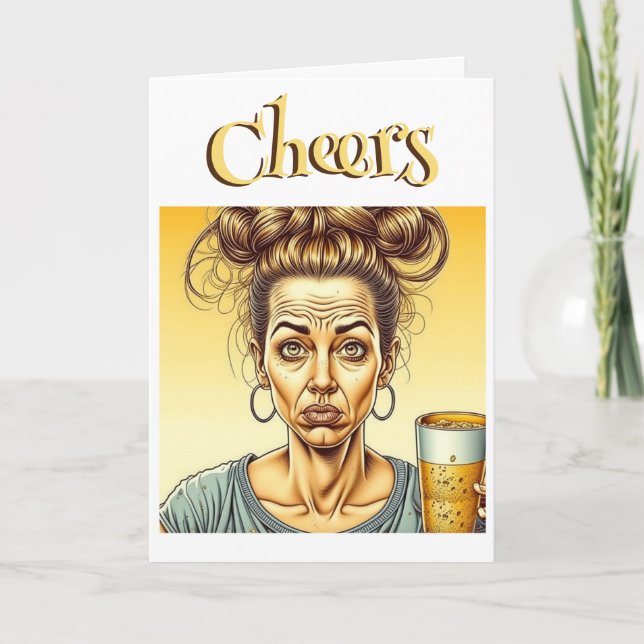 Cheers! Messy Bun Holding a Tap Beer Birthday Card (Front)