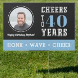 Cheers Milestone Birthday Photo Drive By Garden Sign<br><div class="desc">Encourage drive-by visitors with this awesome yard sign featuring a photo of the birthday dude. "Cheers to XX years" appears at the right; customise with his age. Shown for a 40th birthday. "Honk, Wave, Cheer" or your choice of text appears across the bottom in white on blue for a social...</div>