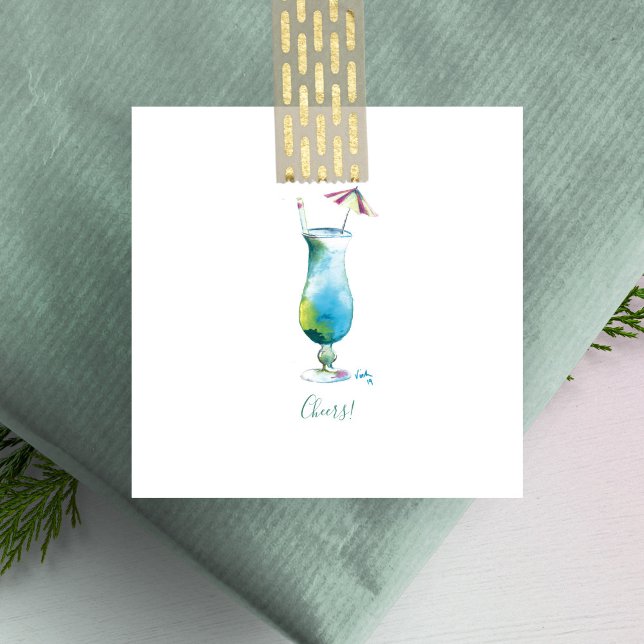 Cheers Mini Holiday Blue Hawaii Cocktail Card (Watercolor blue Hawaii cocktail mini notecards unique art by Victoria Grigaliunas of Do Tell A Belle)