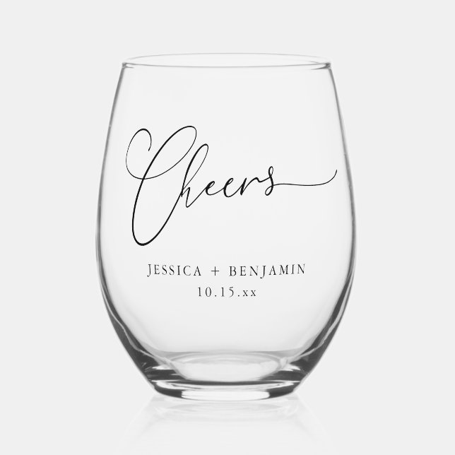 Cheers Minimal Black Script Custom Wedding Favor Stemless Wine Glass (Front)