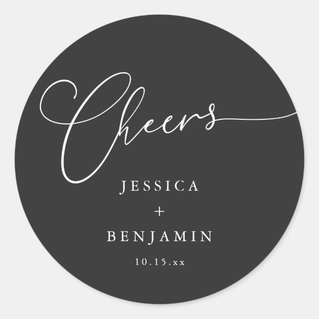 Cheers Minimal Black Script Elegant Wedding Favor Classic Round Sticker (Front)