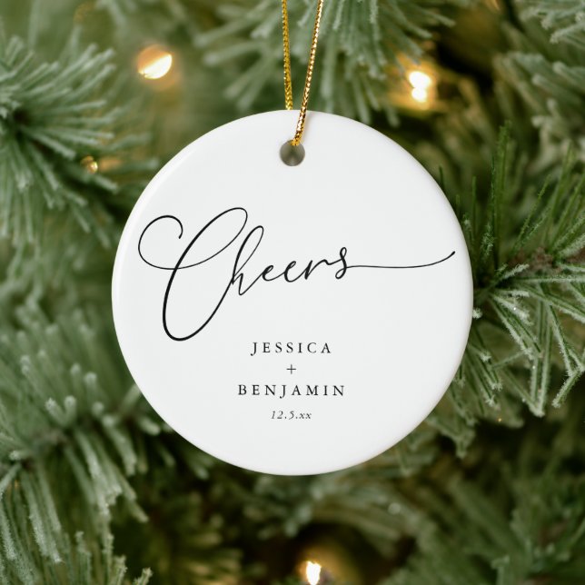 Cheers Minimal Black White Script Custom Wedding Ceramic Tree Decoration (Tree)