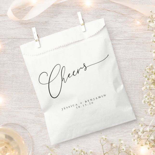 Cheers Minimal Black White Script Custom Wedding  Favour Bags (Clipped)
