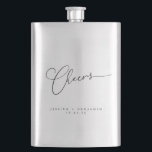 Cheers Minimal Black White Script Custom Wedding Hip Flask<br><div class="desc">Cheers Minimalist Black White Script Custom Wedding Flask</div>