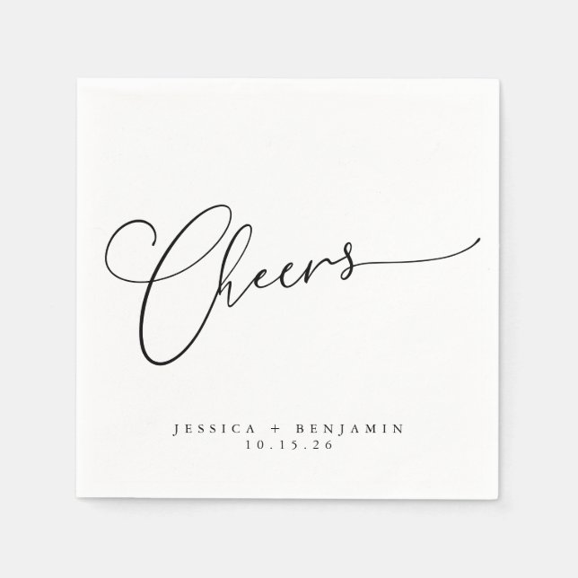Cheers Minimal Black White Script Custom Wedding Napkin (Front)