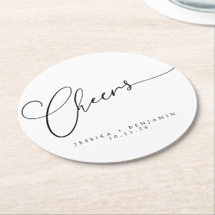 Cheers Minimal Black White Script Custom Wedding Round Paper Coaster