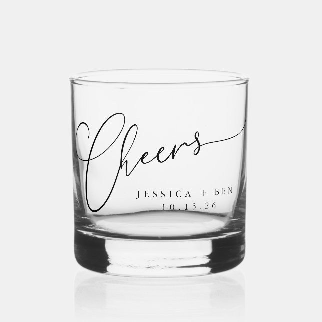 Cheers Minimal Black White Script Custom Wedding Whiskey Glass (Front)