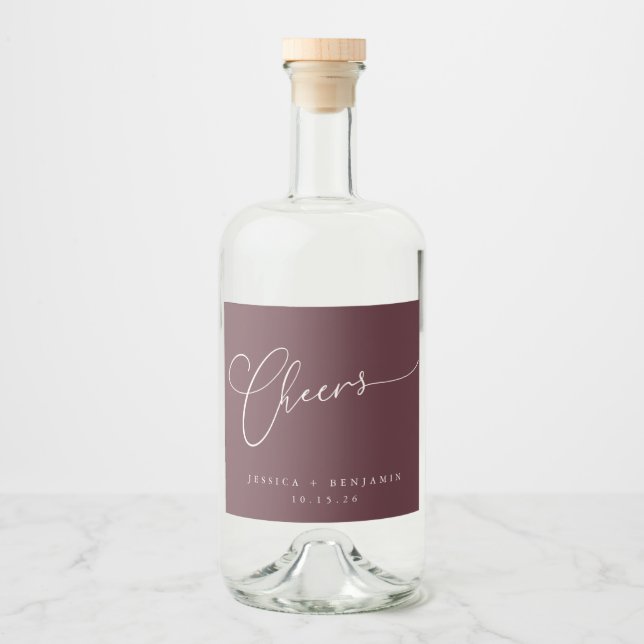 Cheers Minimal Burgundy Script Custom Wedding  Liquor Bottle Label (Front)