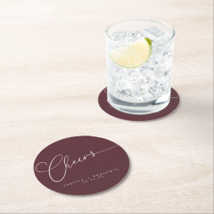 Cheers Minimal Burgundy Script Custom Wedding Round Paper Coaster