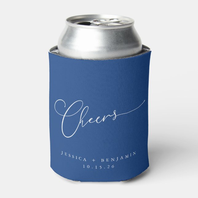 Cheers Minimal Cobalt Blue Script Custom Wedding   Can Cooler (Can Front)