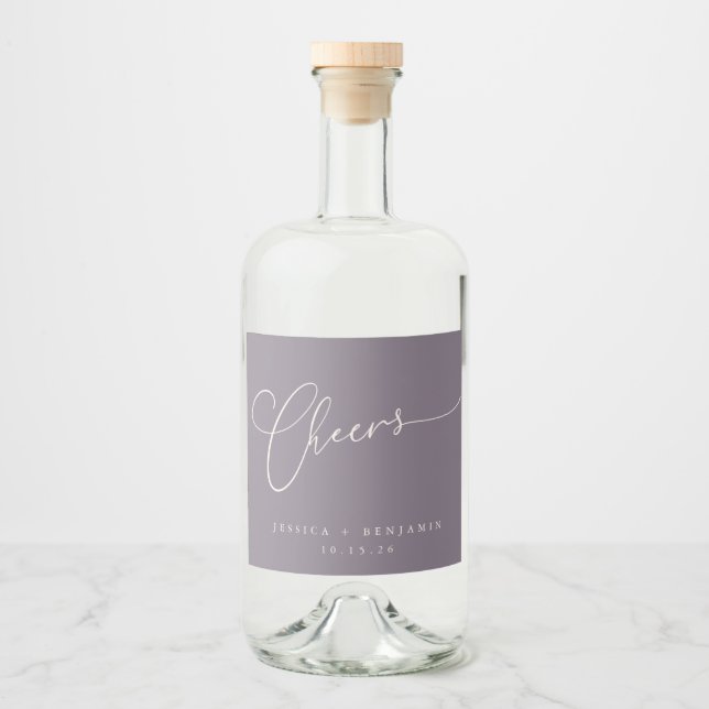 Cheers Minimal Dark Purple Script Custom Wedding  Liquor Bottle Label (Front)
