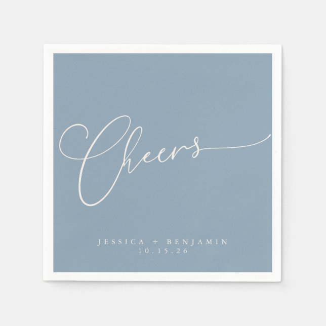 Cheers Minimal Dusty Blue Script Custom Wedding Napkin (Front)
