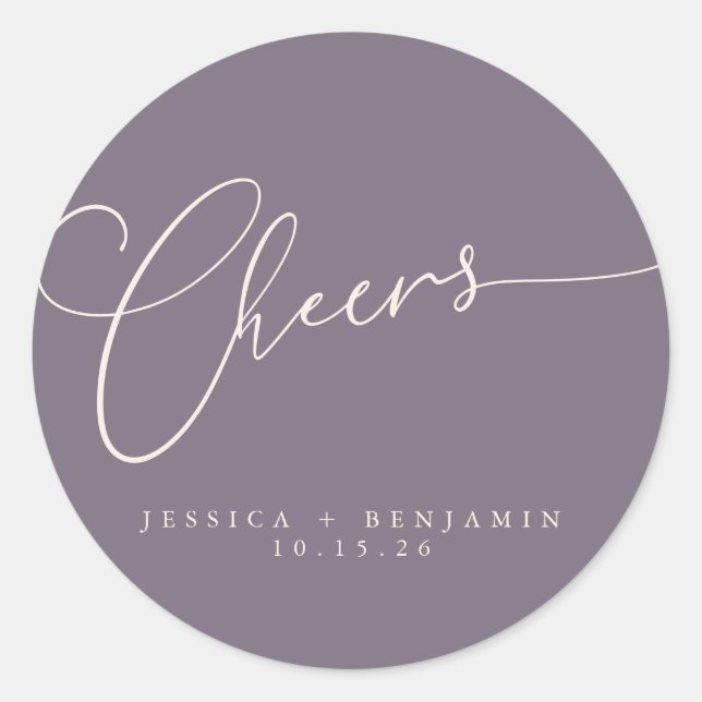 Cheers Minimal Dusty Purple Script Custom Wedding Classic Round Sticker (Front)
