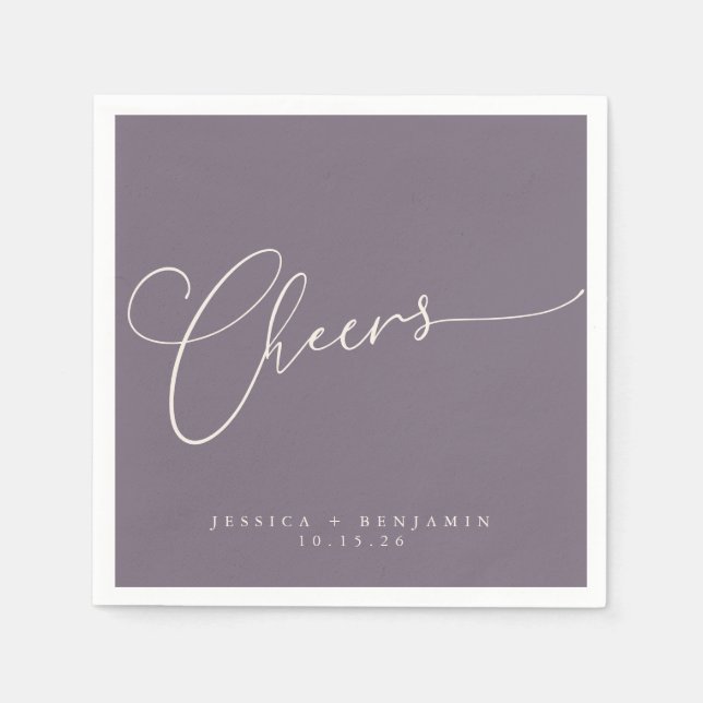 Cheers Minimal Dusty Purple Script Custom Wedding Napkin (Front)