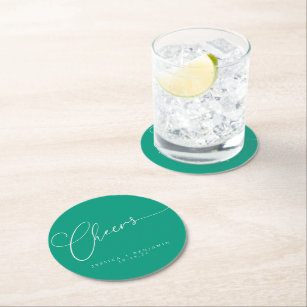 Cheers Minimal Emerald Script Custom Wedding Round Paper Coaster
