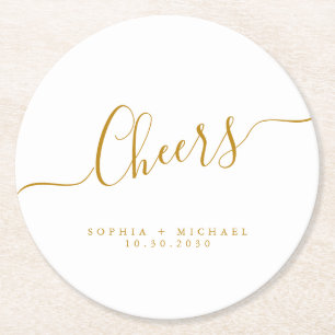Cheers Minimal Gold Script Custom Wedding Round Paper Coaster