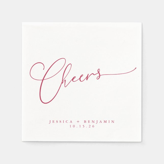 Cheers Minimal Magenta White Script Custom Wedding Napkin (Front)