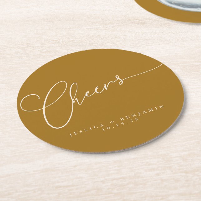 Cheers Minimal Mustard Gold Script Custom Wedding Round Paper Coaster (Angled)