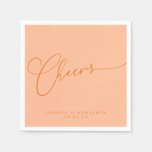 Cheers Minimal Peach Orange Script Custom Wedding Napkin
