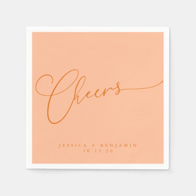 Cheers Minimal Peach Orange Script Custom Wedding Napkin (Front)