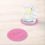 Cheers Minimal Pink Red Script Custom Wedding Round Paper Coaster<br><div class="desc">Cheers Minimalist Bright Pink and Red Script Custom Wedding Round Paper Coaster</div>
