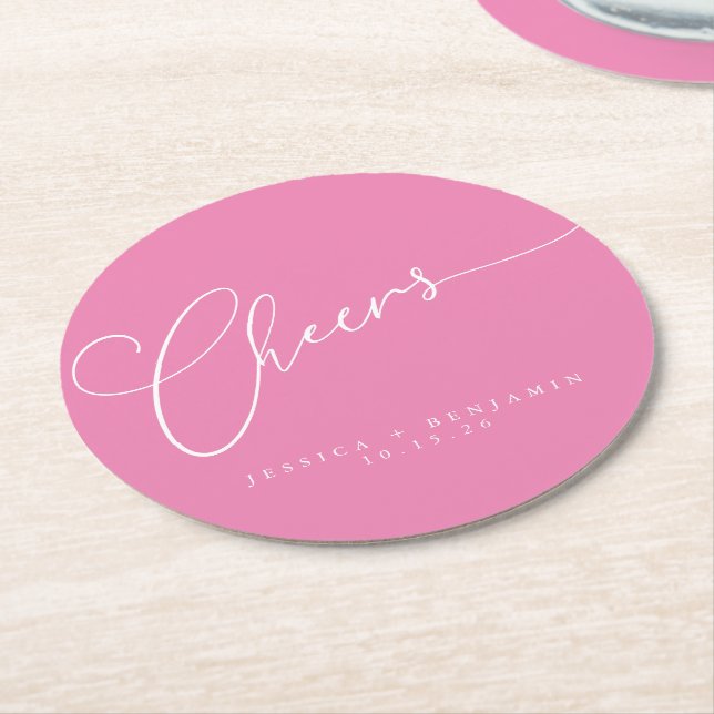 Cheers Minimal Pink White Script Custom Wedding Round Paper Coaster (Angled)