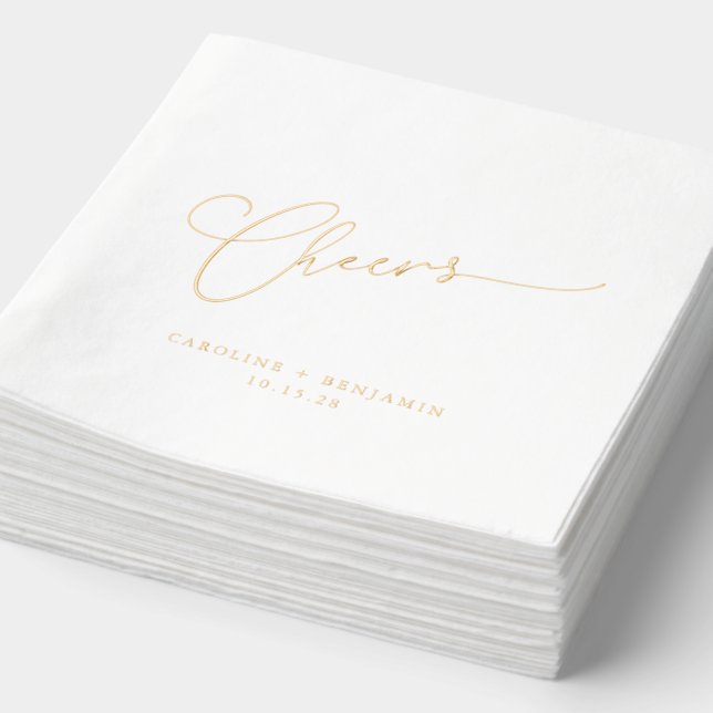 Cheers Minimal Script Custom Wedding Elegant Gold Foil Napkins (Detail)