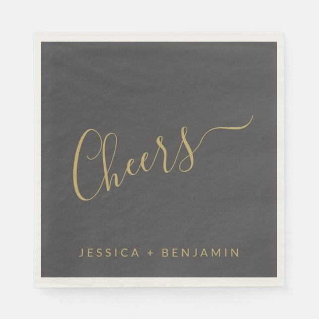 Cheers Minimalist Black and Gold Custom Wedding  Napkin (Front)