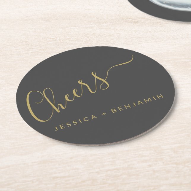Cheers Minimalist Black and Gold Custom Wedding Round Paper Coaster (Angled)