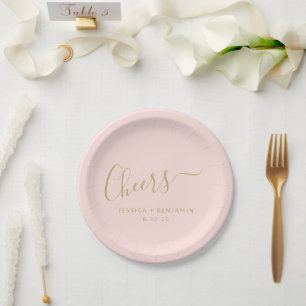 Cheers Minimalist Blush Pink Gold Custom Wedding  Paper Plate