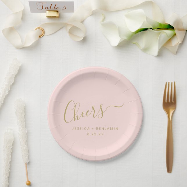 Cheers Minimalist Blush Pink Gold Custom Wedding  Paper Plate (Wedding)