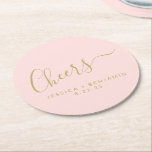 Cheers Minimalist Blush Pink Gold Custom Wedding Round Paper Coaster<br><div class="desc">Personalised Cheers Minimalist Blush Pink and Gold Wedding Paper Coaster</div>
